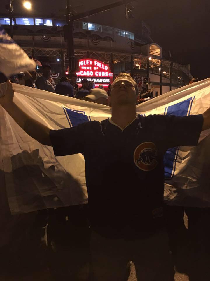 Blake celebrates the 2016 World Champion Chicago Cubs in front of Wrigley Field