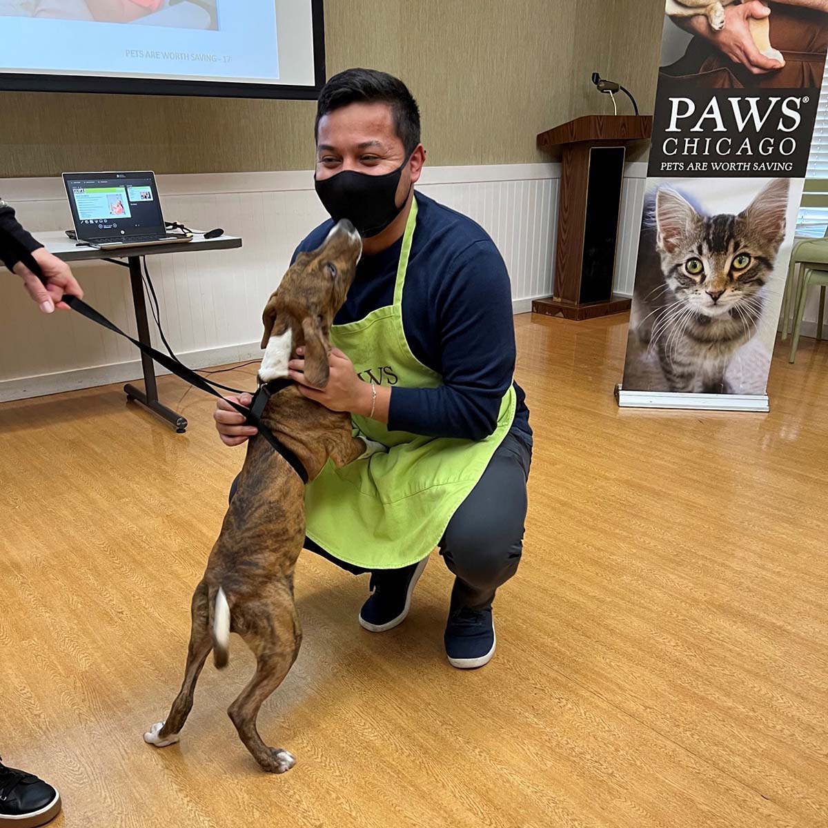 Tony Morales, wearing a light green PAWS apron and a black mask, squats on the floor with a puppy who is trying to lick his face
