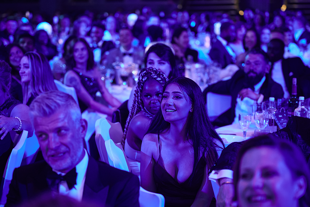 A view of the attendees seated at tables decorated for the 2022 UK Business Awards in London.