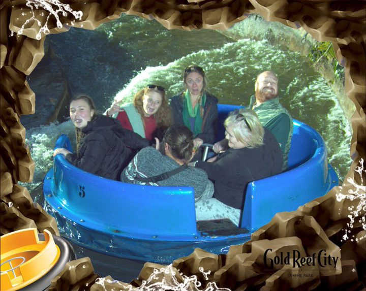 a group of Credico South Africa employees spin on a water ride at Gold Reef City Theme Park