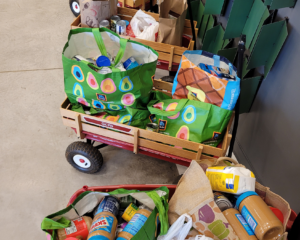 Multiple wagons holding bags of donated canned and dry foods from Credico USA's in-office food drive