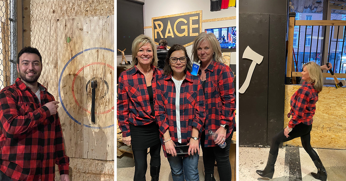 Three photos of CanJam attendees at the axe-throwing event: Mustafa showing off his bullseye; Norma, Nada, and Michelle together in front of the Rage Axe Throwing sign, and Michelle winding up to throw an axe.