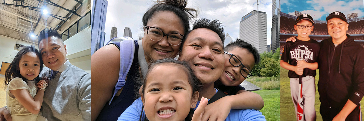 Photos of Joel Aquisap and his family: with his daughter at a dance, with his wife and two kids in a park, and with his son at a baseball game