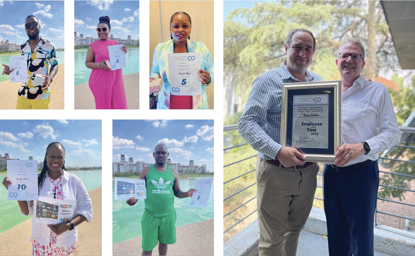 Credico South Africa recognizes Gary Collins as 2023 Employee of the Year, Marilyn Chauke and Sibusiso Buthelezi for ten years of service, and Clive Sithole, Didi Mothale, and Phindile Mjaja for five years of service. Thank you for all your hard work!