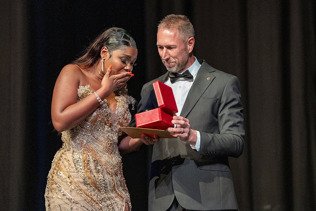 Kagiso Maswanganye is delighted by the award of a Cartier watch presented by Joseph Spies at the 2025 South Africa Awards Gala